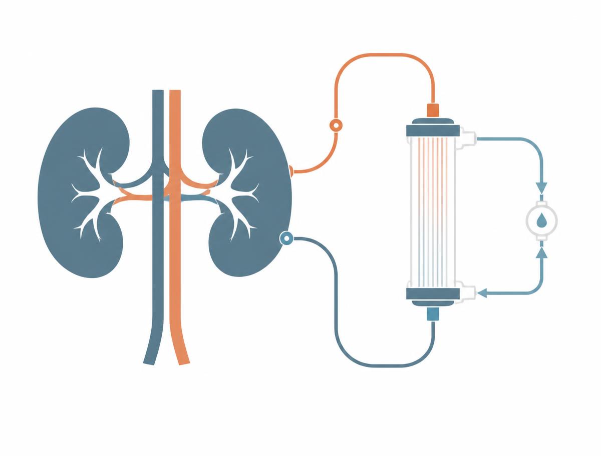 Diagram showing blood leaving the body, passing through a dialysis filter and returning